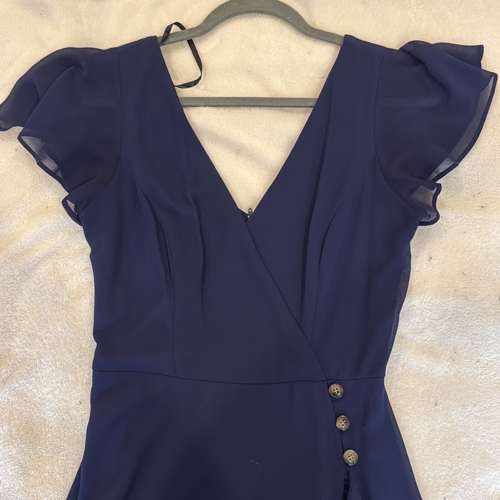 Women's Navy Wrap Ruffle Dress - Elegant V-Neck Cocktail Dress